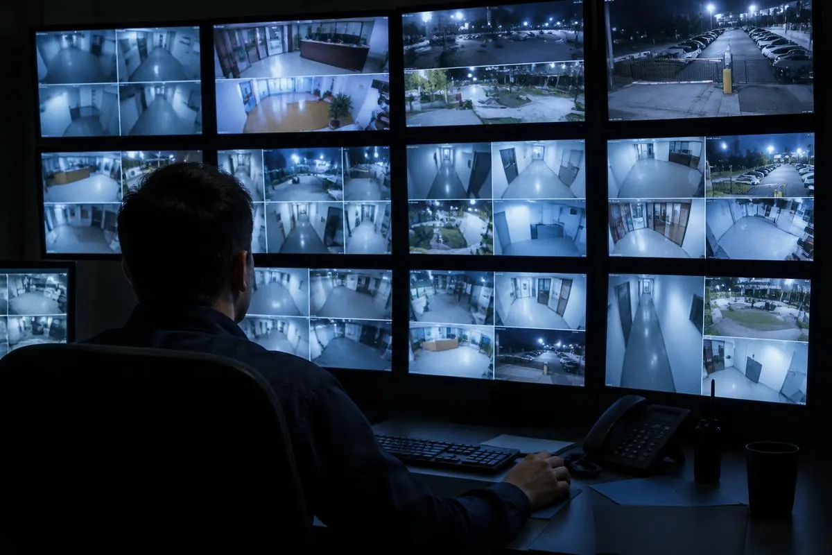 Medewerker in een meldkamer kijkt naar camerabeelden