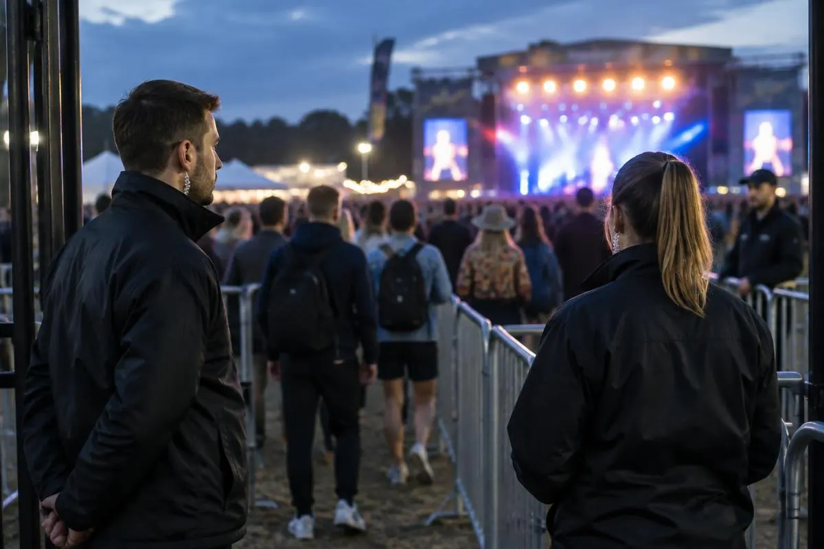 Evenementenbeveiligers bij de ingang van een festival
